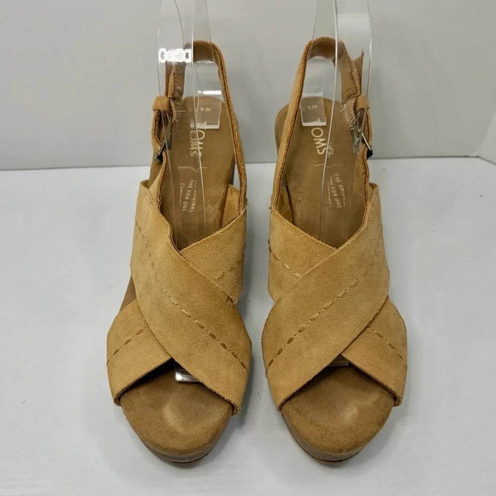 TOMS Ibiza Honey Suede Tan Platform Heel Sandals Size 6 1/2